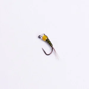 Olive and yellow Perdigon Jig Nymph on barbless hooks only